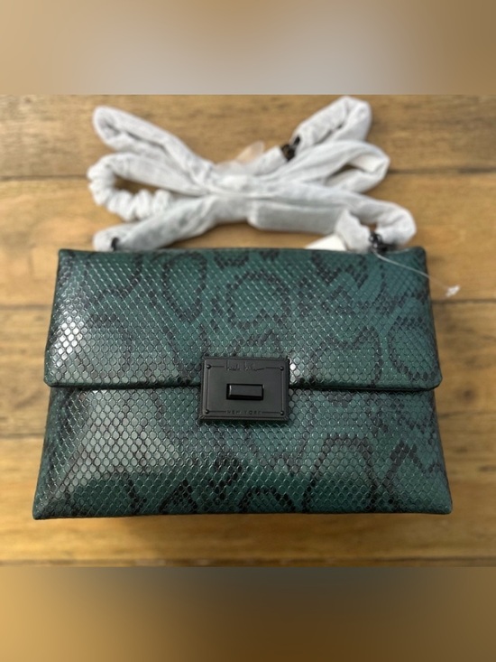 Nicole Miller Handbags - NICOLE MILLER Green Snakeskin Embossed Foldover Clutch with  Black Chain Strap